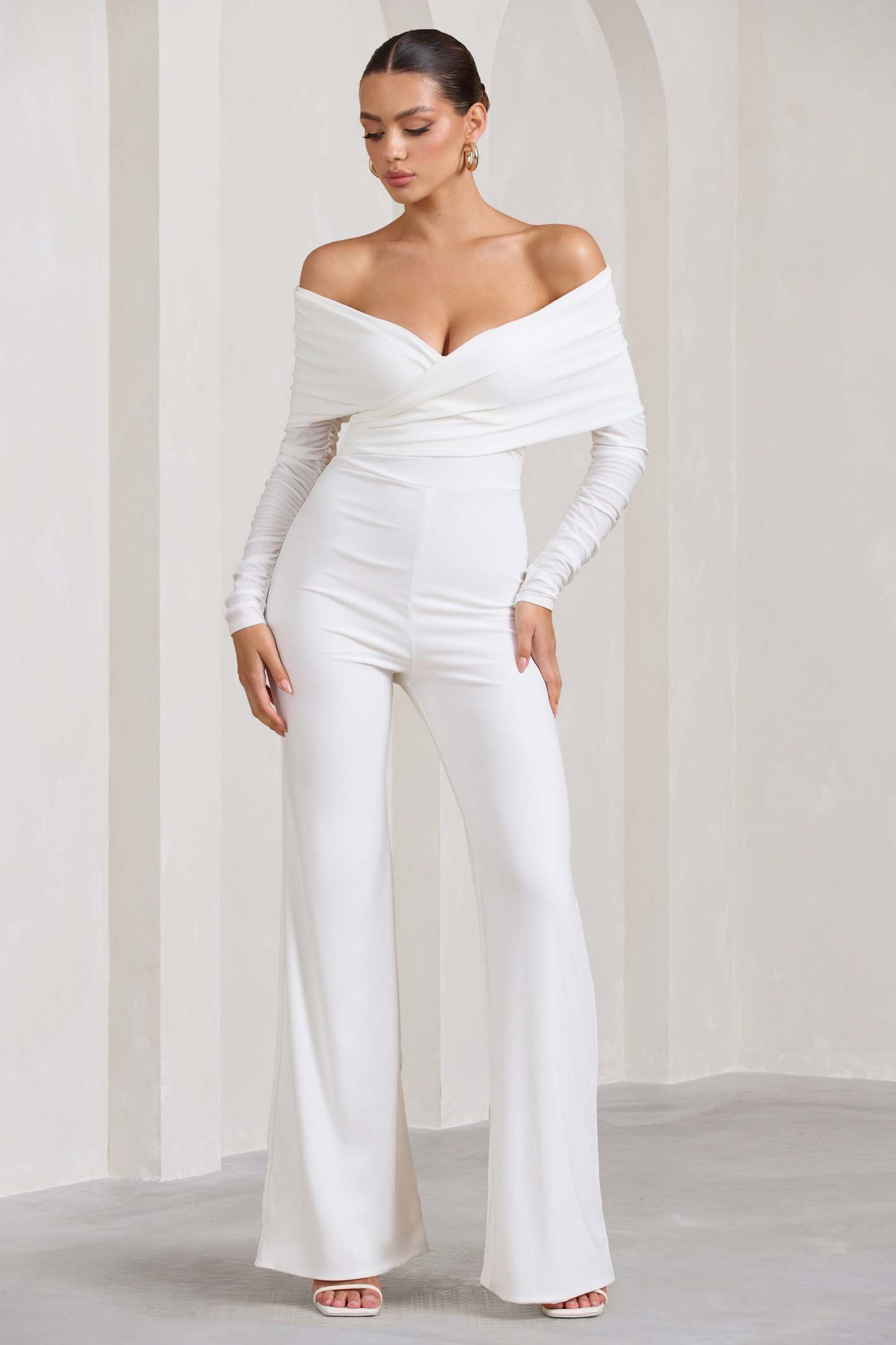 Hand On Heart White Twist Front Bardot Long Sleeve Jumpsuit-Fashionmomo.All Rights Reserved