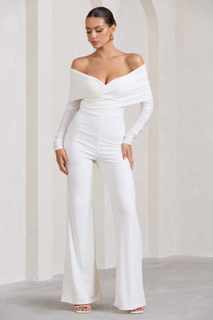 Hand On Heart White Twist Front Bardot Long Sleeve Jumpsuit-Fashionmomo.All Rights Reserved