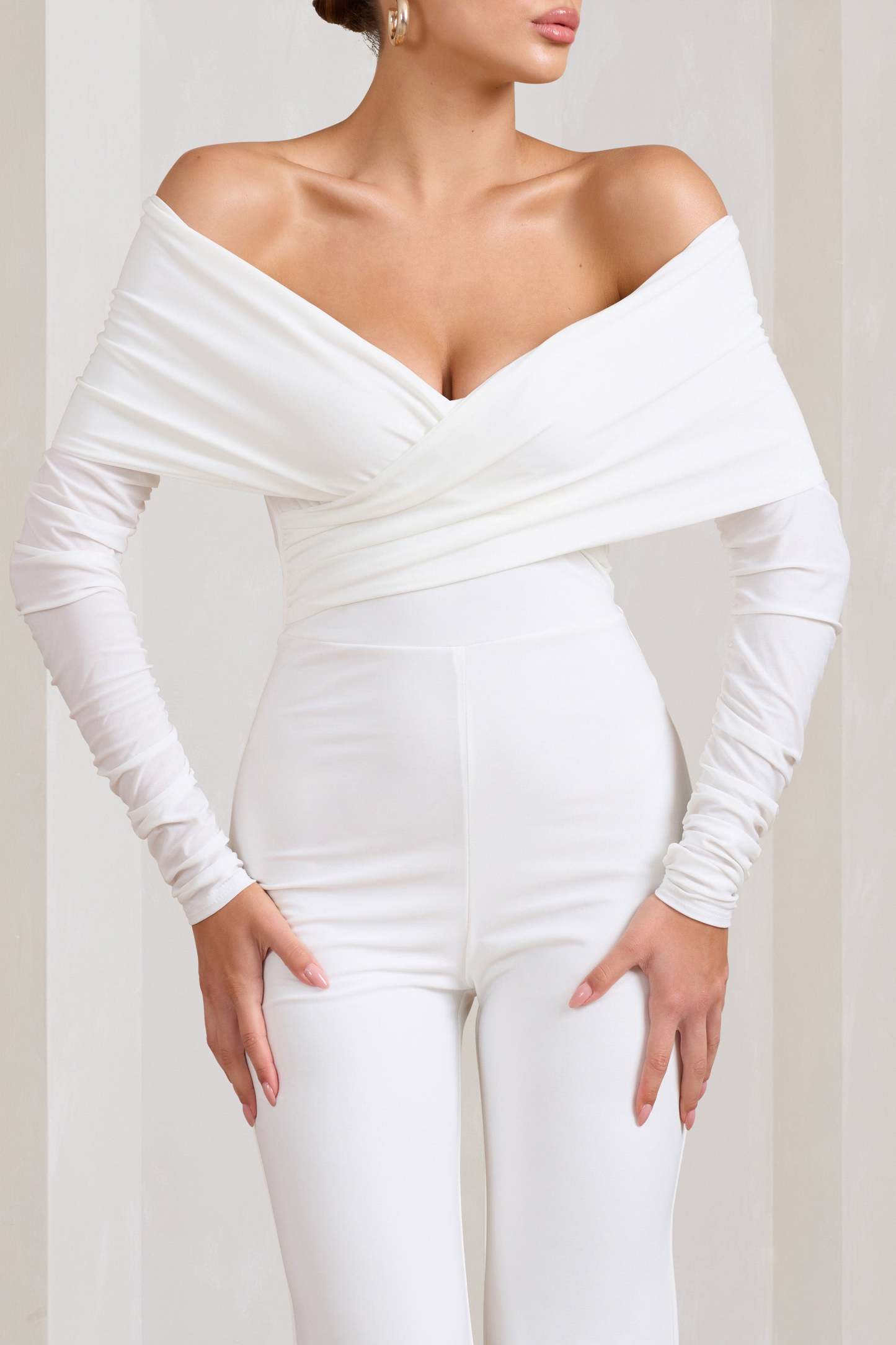 Hand On Heart White Twist Front Bardot Long Sleeve Jumpsuit-Fashionmomo.All Rights Reserved