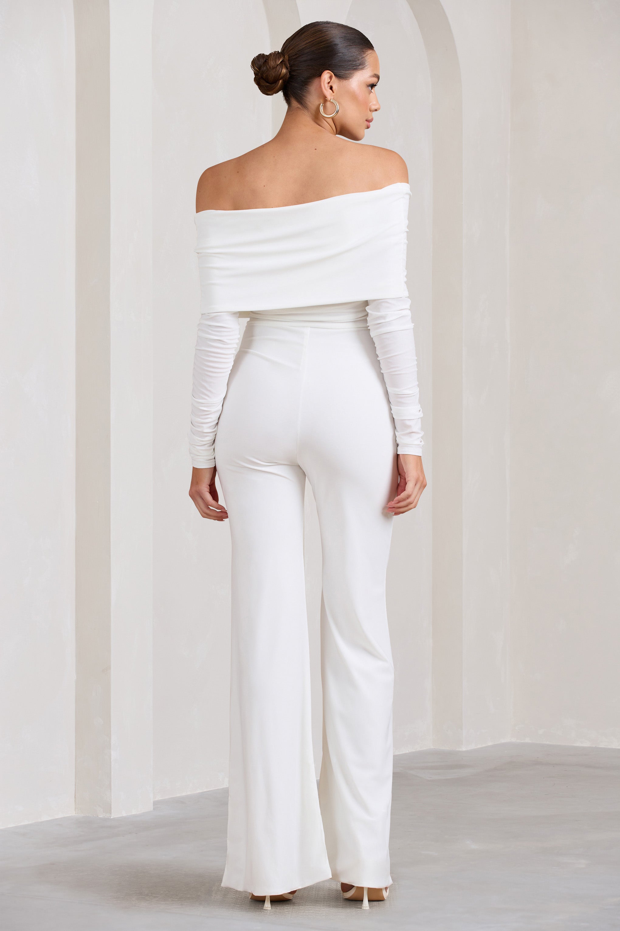 Hand On Heart White Twist Front Bardot Long Sleeve Jumpsuit-Fashionmomo.All Rights Reserved
