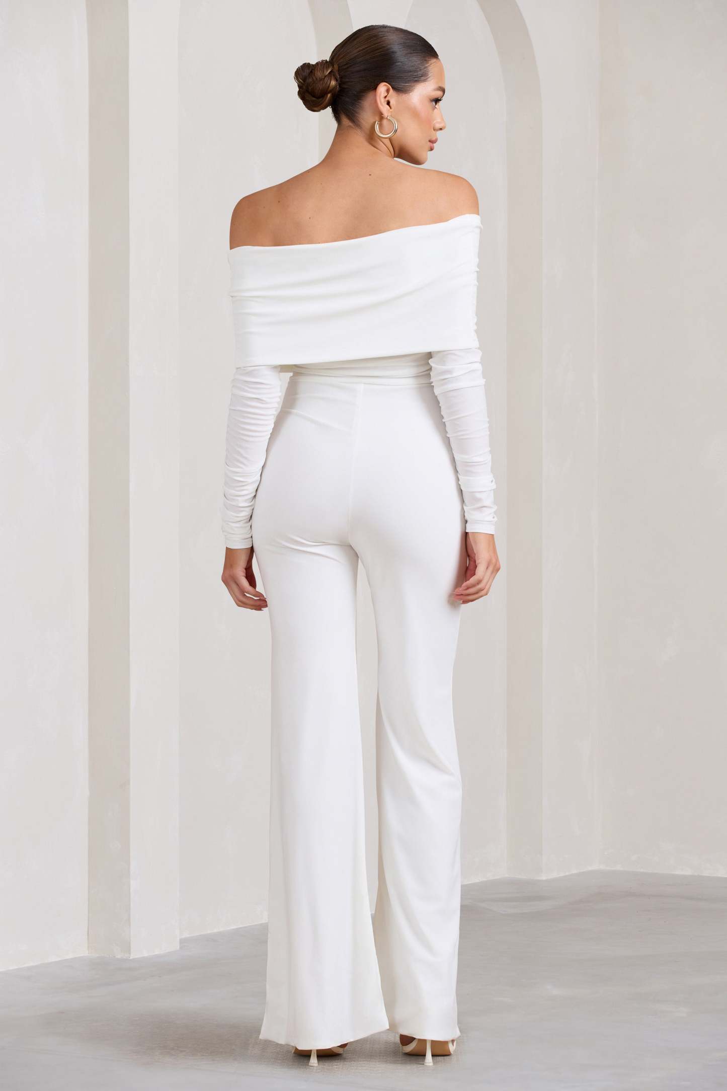 Hand On Heart White Twist Front Bardot Long Sleeve Jumpsuit-Fashionmomo.All Rights Reserved