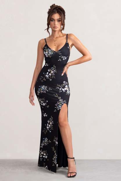 Farah Black Floral Print Plunge Neck Maxi Dress With Split Detail-Fashionmomo.All Rights Reserved