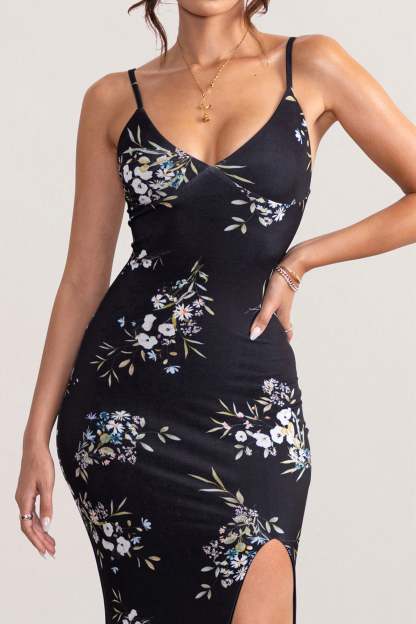 Farah Black Floral Print Plunge Neck Maxi Dress With Split Detail-Fashionmomo.All Rights Reserved