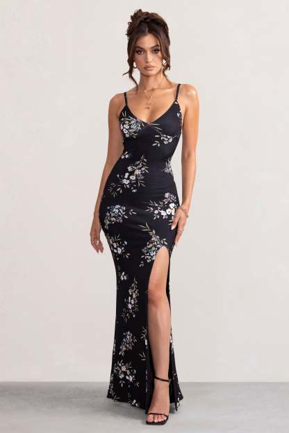 Farah Black Floral Print Plunge Neck Maxi Dress With Split Detail-Fashionmomo.All Rights Reserved
