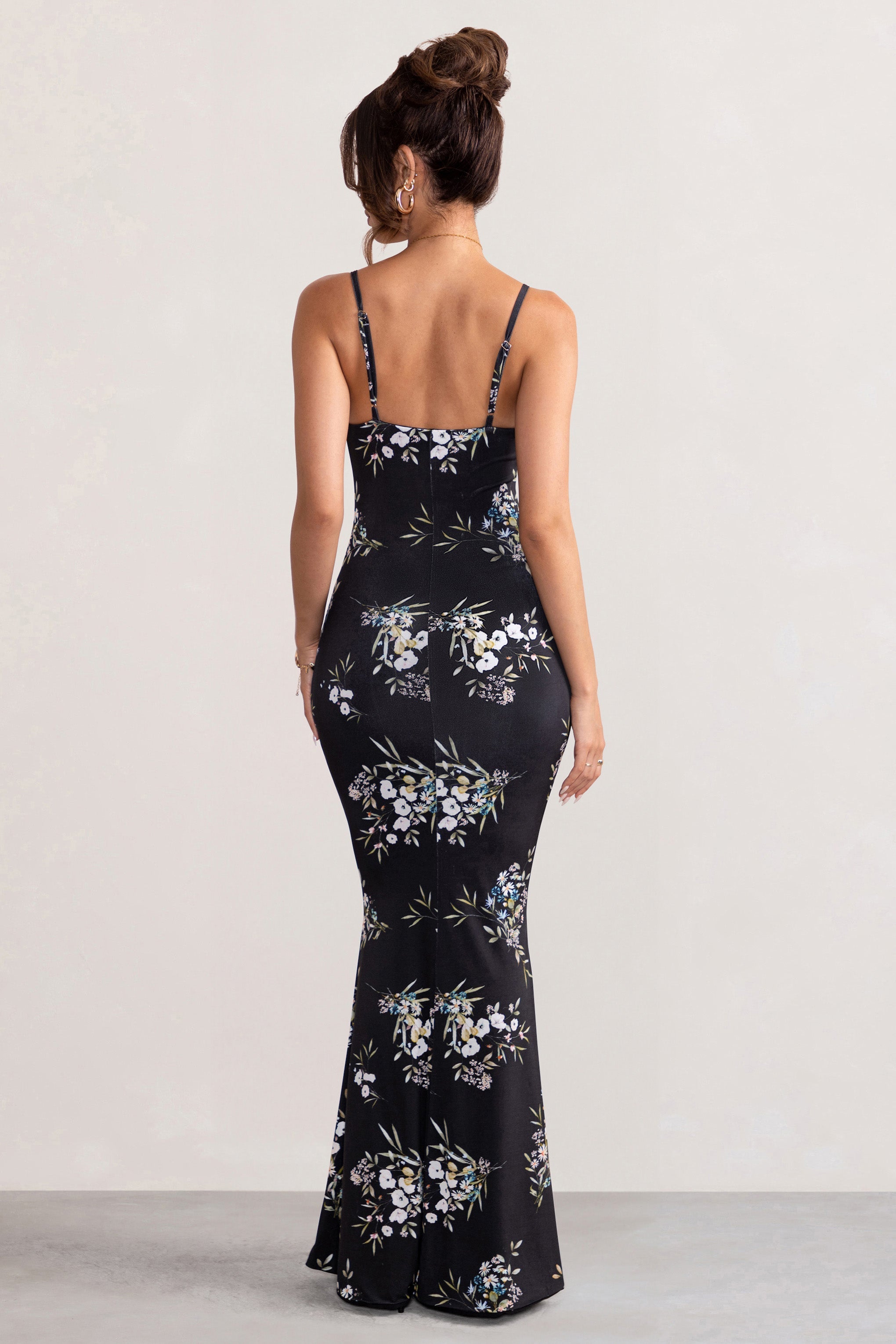 Farah Black Floral Print Plunge Neck Maxi Dress With Split Detail-Fashionmomo.All Rights Reserved