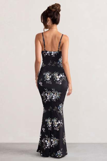 Farah Black Floral Print Plunge Neck Maxi Dress With Split Detail-Fashionmomo.All Rights Reserved