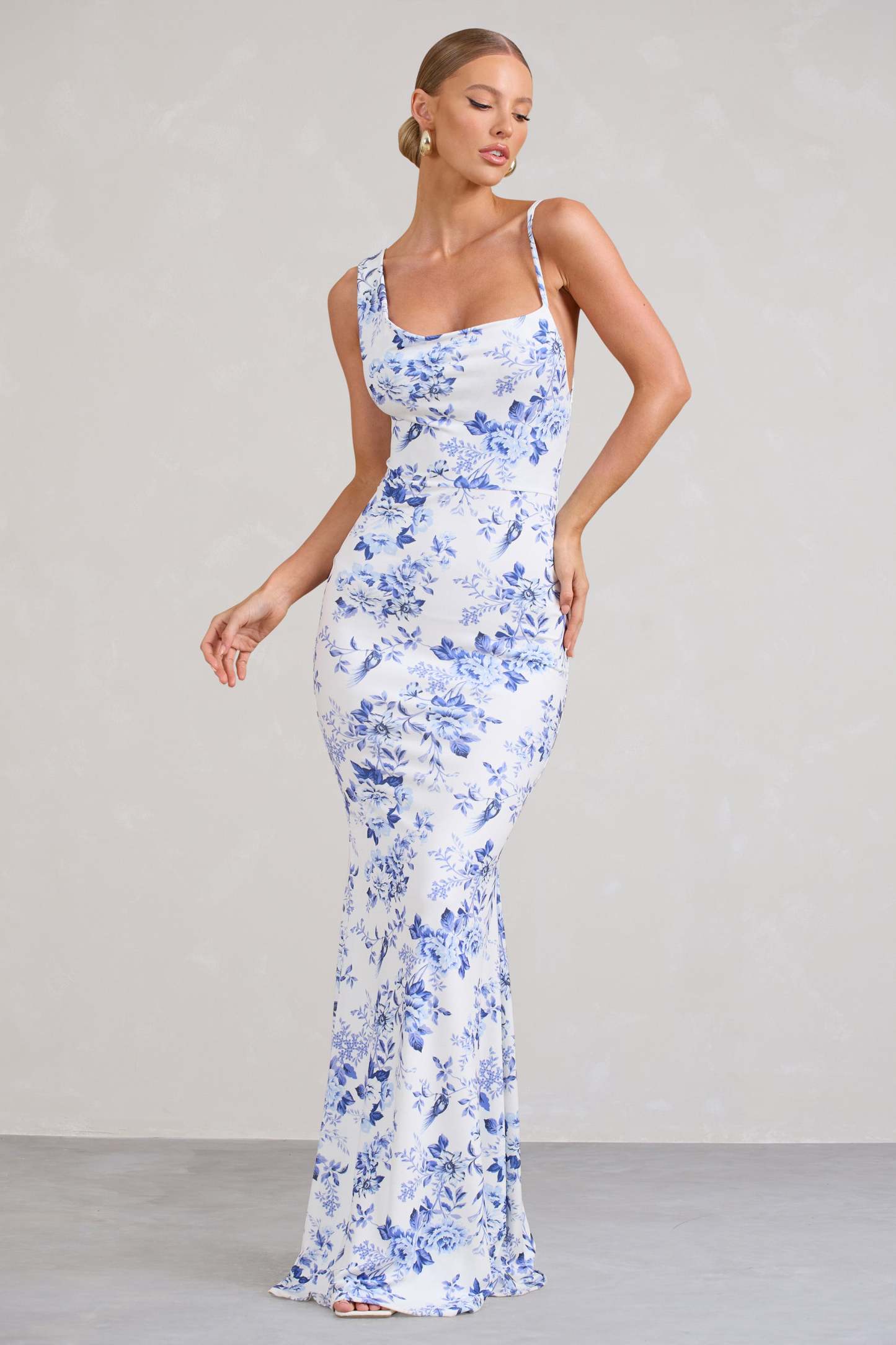 Phantasy Blue Floral Print Asymmetric Neckline Cowl Maxi Dress-Fashionmomo.All Rights Reserved