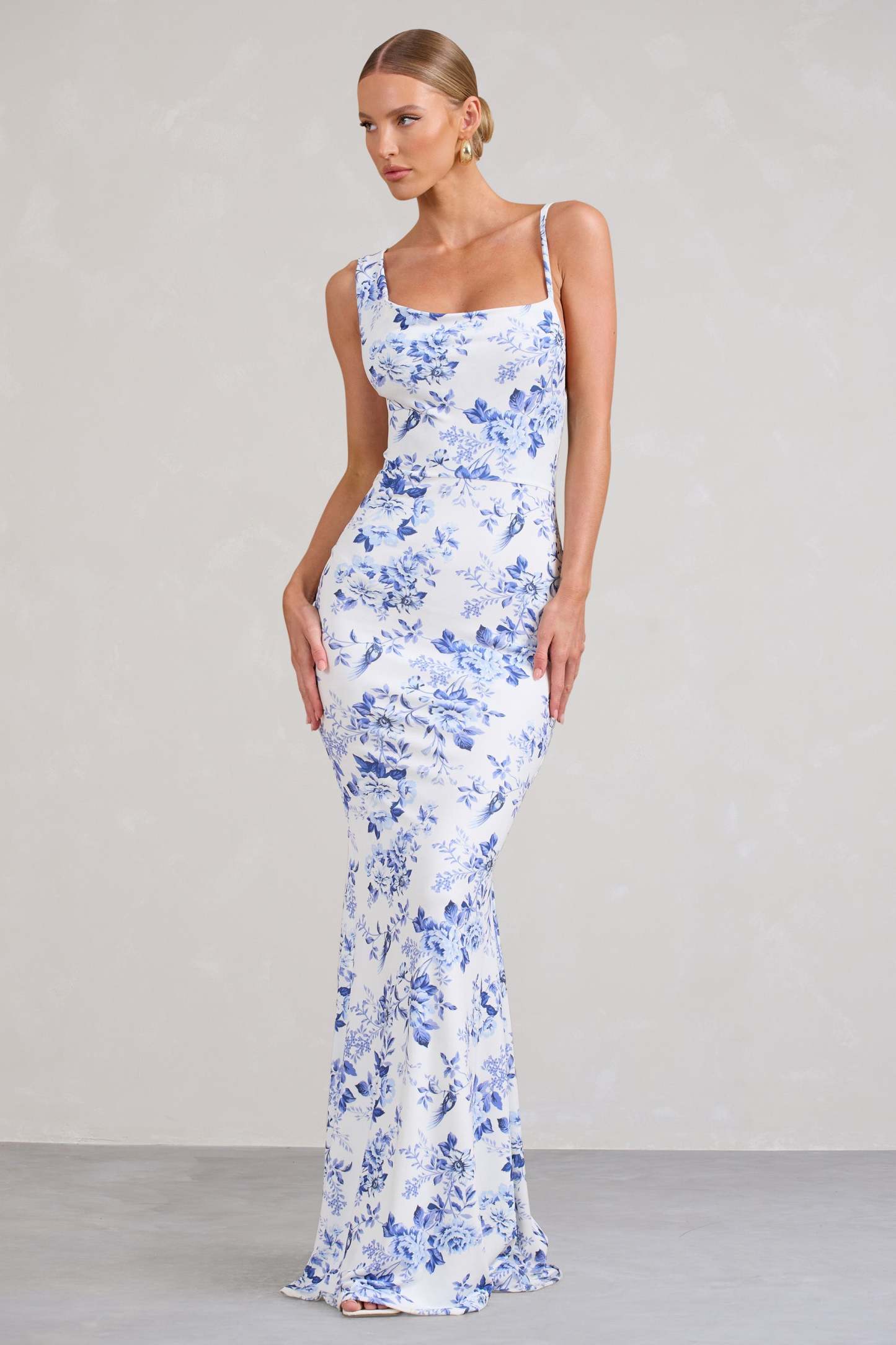 Phantasy Blue Floral Print Asymmetric Neckline Cowl Maxi Dress-Fashionmomo.All Rights Reserved