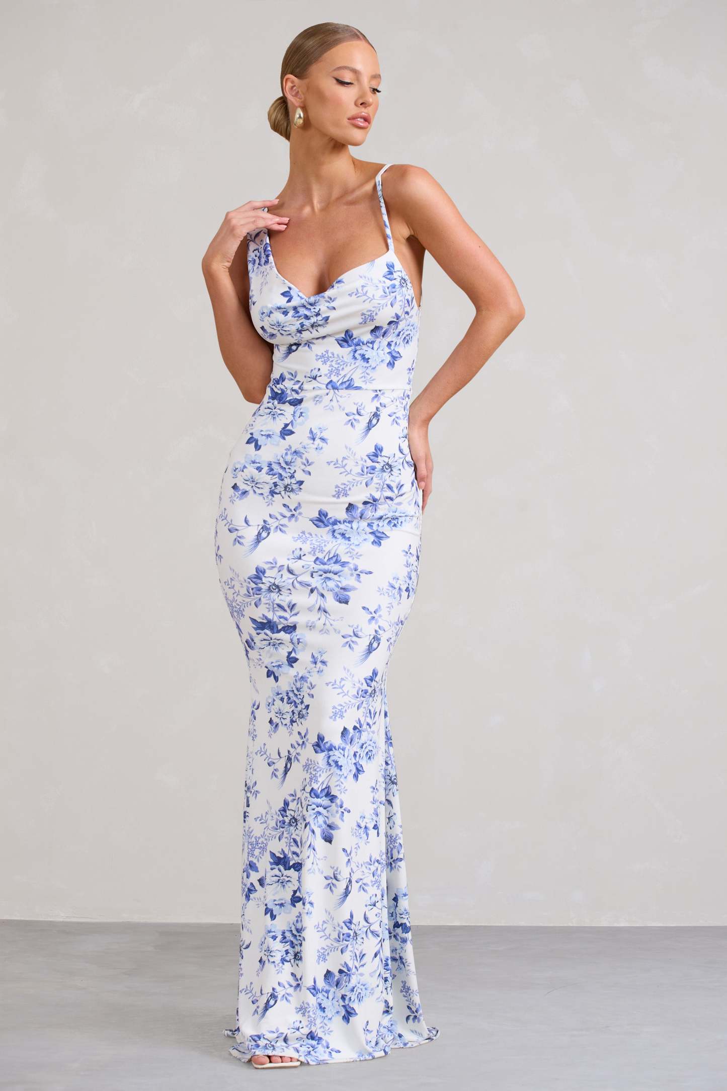 Phantasy Blue Floral Print Asymmetric Neckline Cowl Maxi Dress-Fashionmomo.All Rights Reserved