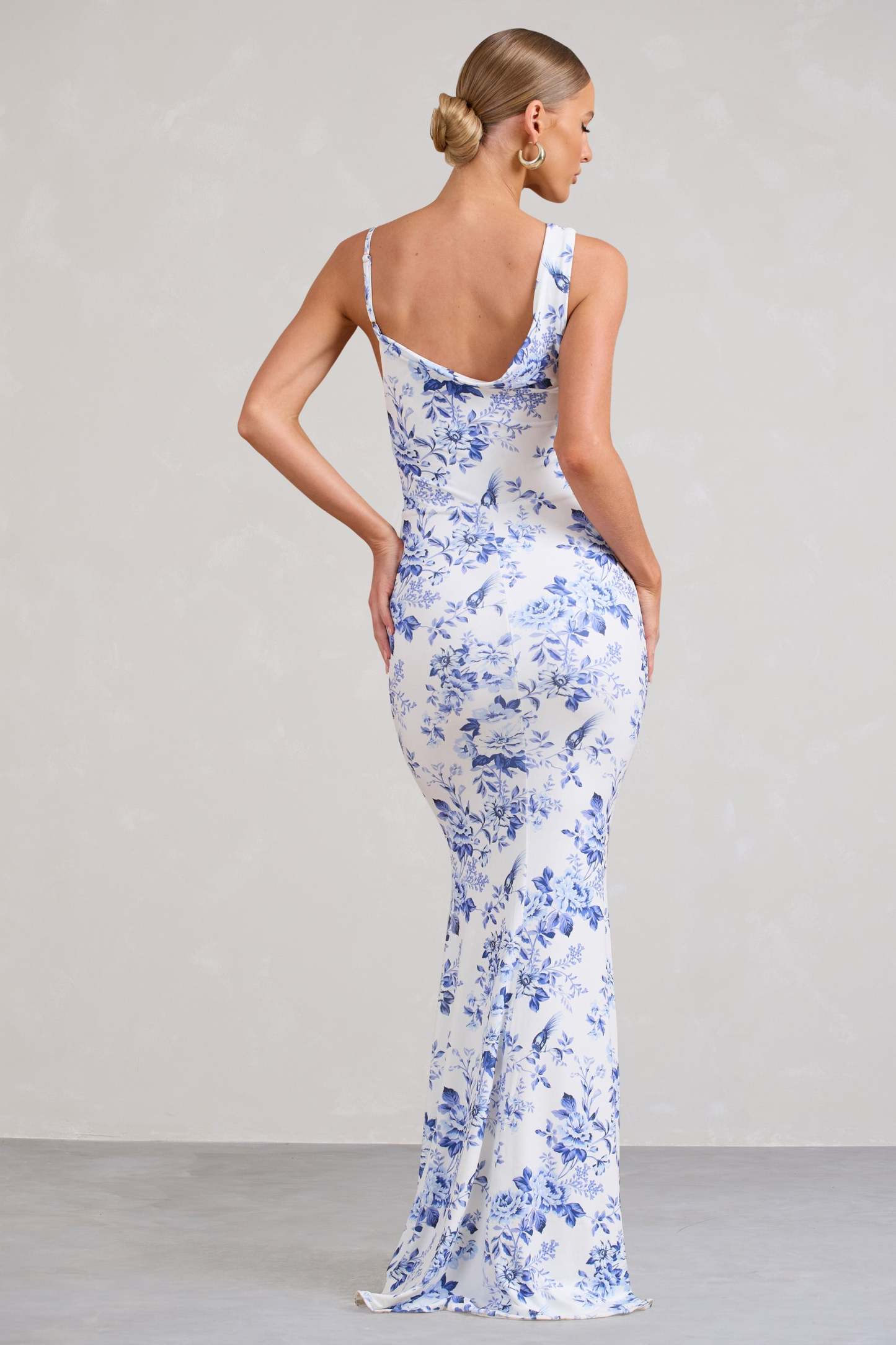 Phantasy Blue Floral Print Asymmetric Neckline Cowl Maxi Dress-Fashionmomo.All Rights Reserved
