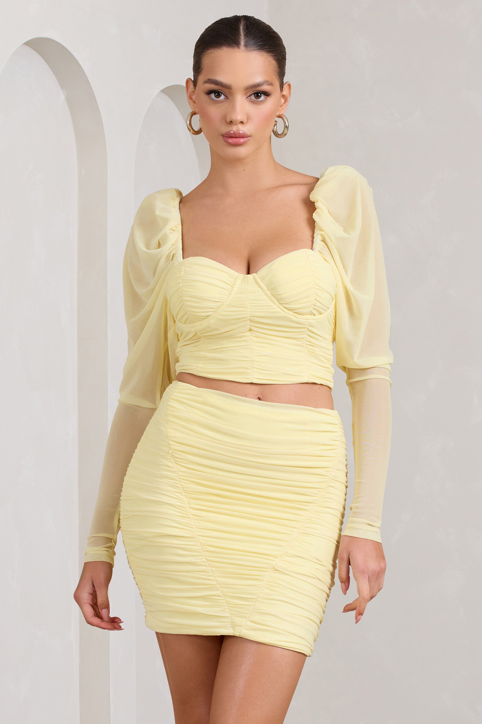 Butterfly Yellow Puff Sleeve Ruched Crop Top-Fashionmomo.All Rights Reserved