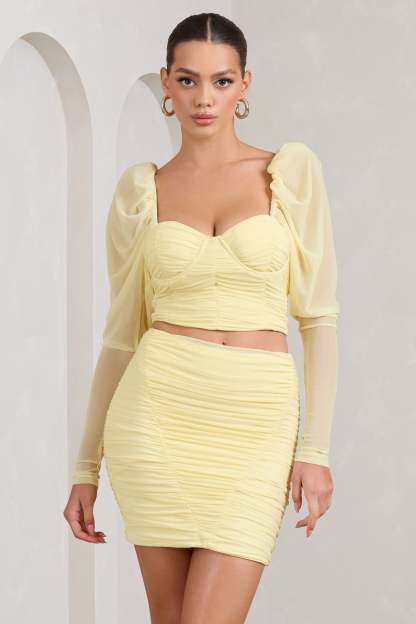 Butterfly Yellow Puff Sleeve Ruched Crop Top-Fashionmomo.All Rights Reserved