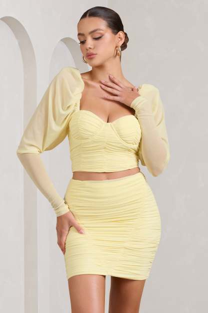 Butterfly Yellow Puff Sleeve Ruched Crop Top-Fashionmomo.All Rights Reserved