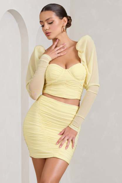 Butterfly Yellow Puff Sleeve Ruched Crop Top-Fashionmomo.All Rights Reserved