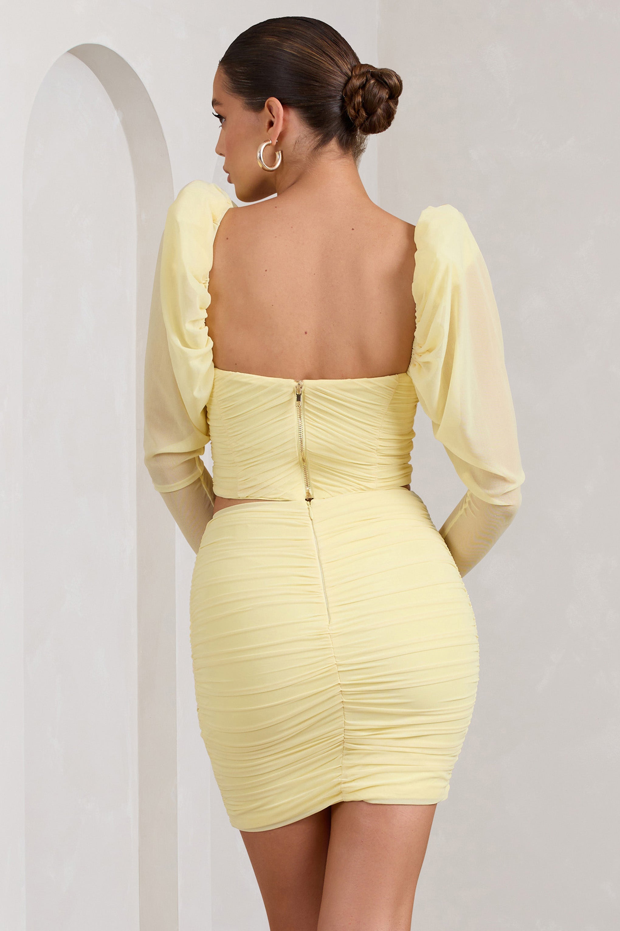 Butterfly Yellow Puff Sleeve Ruched Crop Top-Fashionmomo.All Rights Reserved