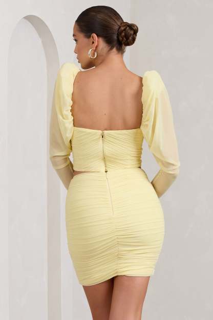 Butterfly Yellow Puff Sleeve Ruched Crop Top-Fashionmomo.All Rights Reserved