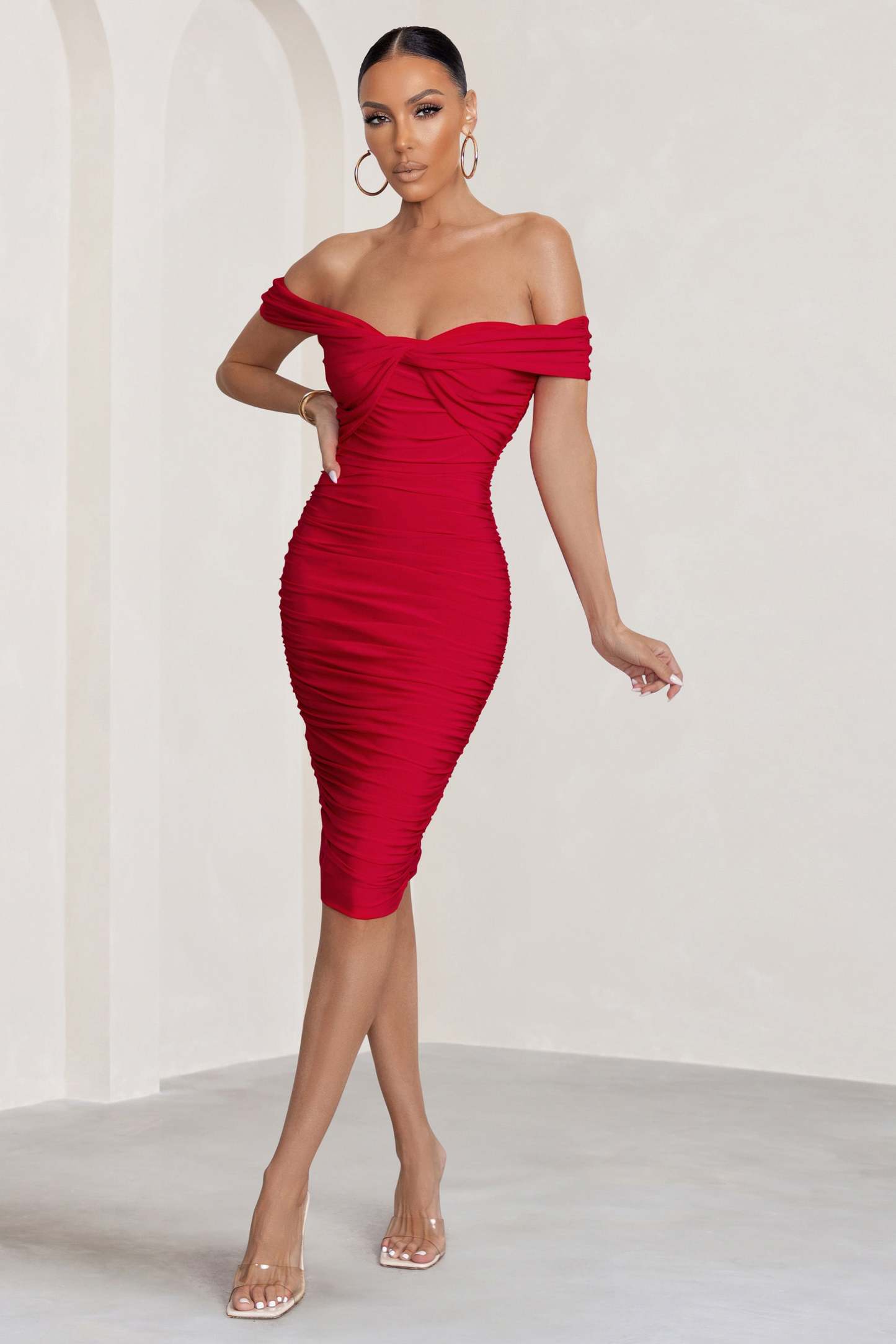 Gratitude Red Off The Shoulder Ruched Midi Dress-Fashionmomo.All Rights Reserved