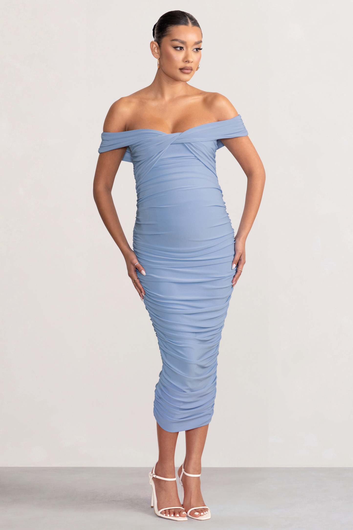 Perfection Powder Blue Maternity Bardot Knot Ruched Midi Dress-Fashionmomo.All Rights Reserved
