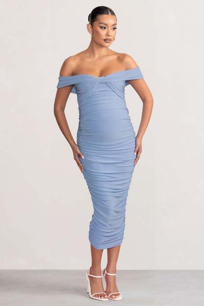 Perfection Powder Blue Maternity Bardot Knot Ruched Midi Dress-Fashionmomo.All Rights Reserved