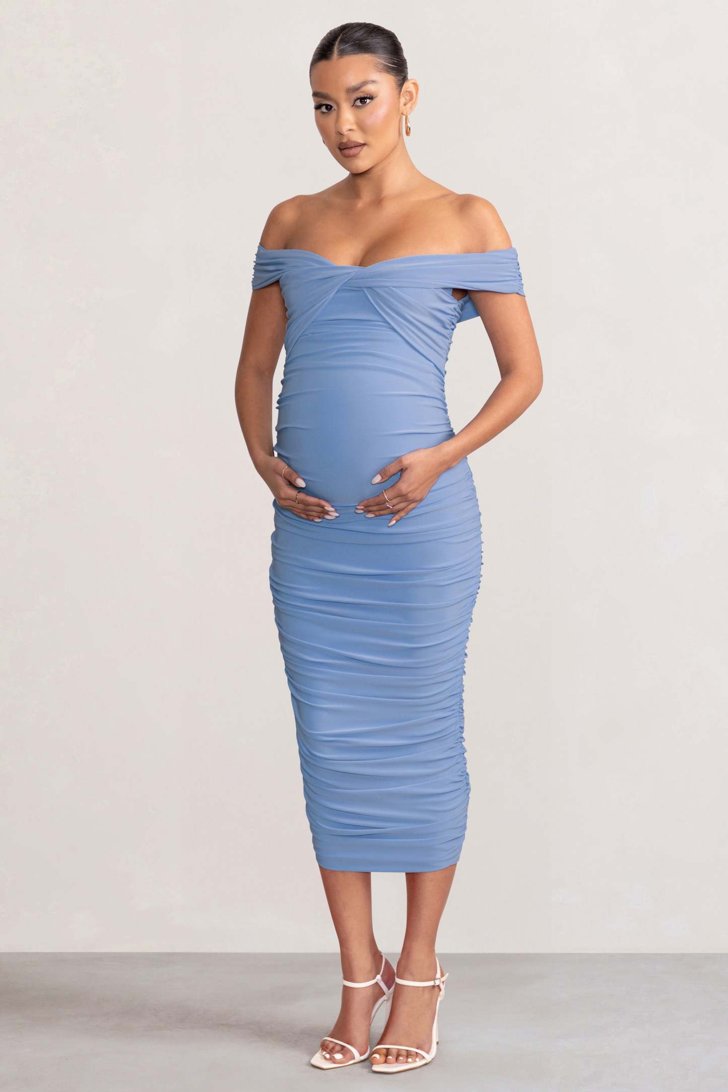Perfection Powder Blue Maternity Bardot Knot Ruched Midi Dress-Fashionmomo.All Rights Reserved