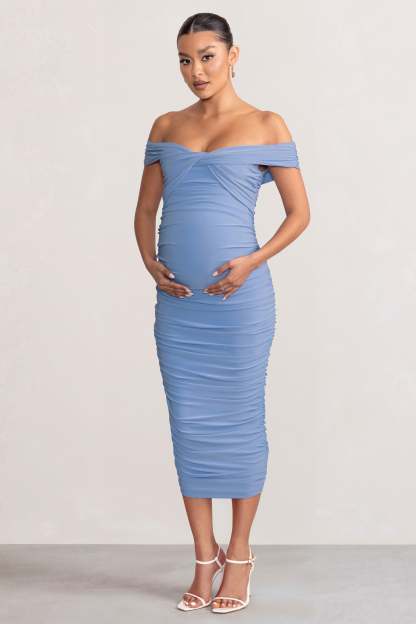 Perfection Powder Blue Maternity Bardot Knot Ruched Midi Dress-Fashionmomo.All Rights Reserved