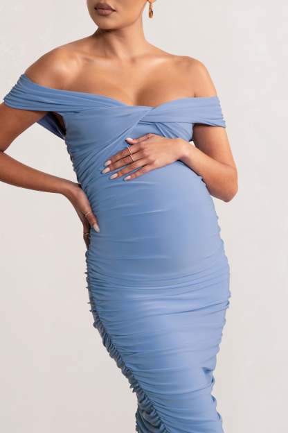 Perfection Powder Blue Maternity Bardot Knot Ruched Midi Dress-Fashionmomo.All Rights Reserved