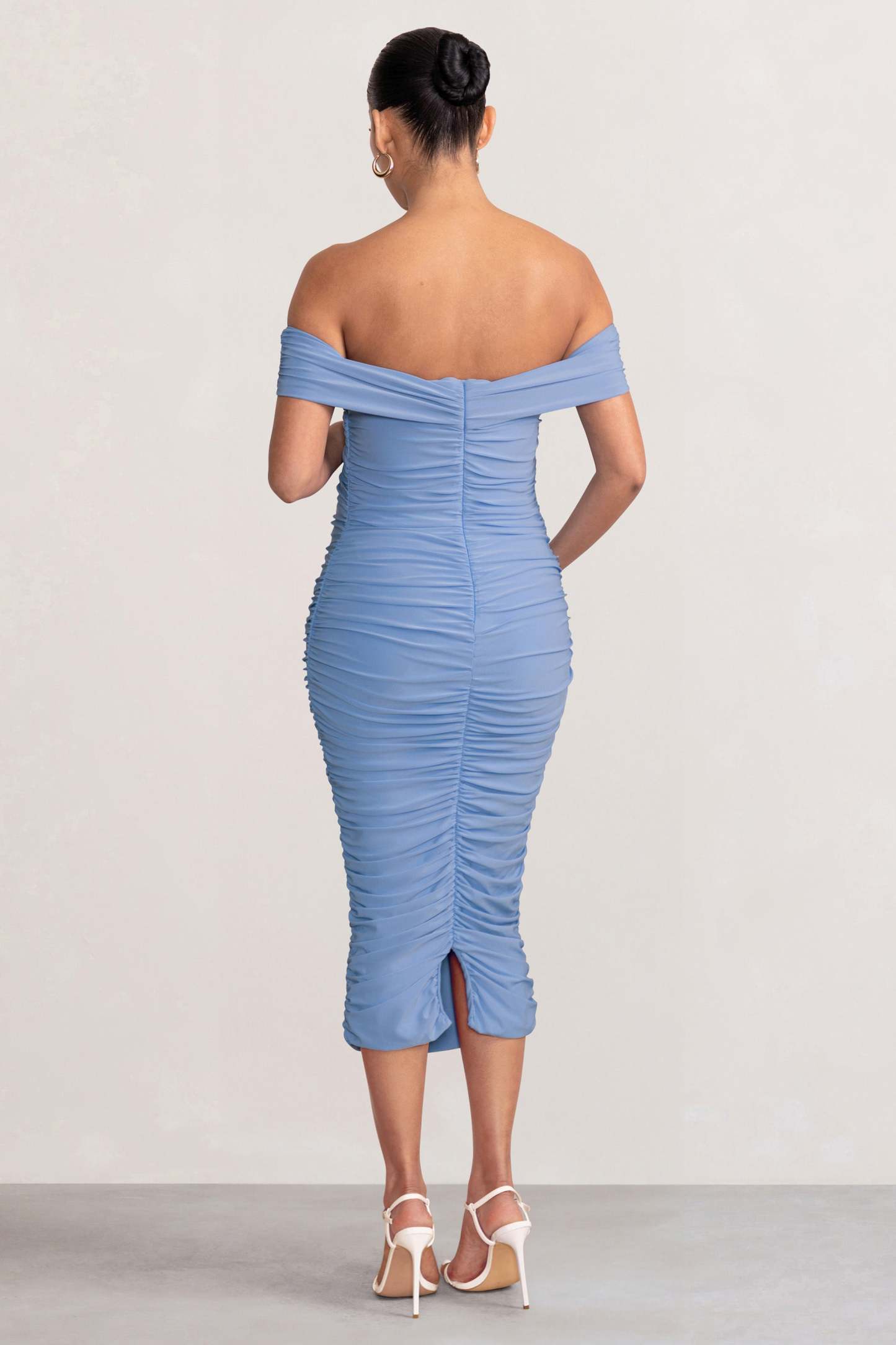 Perfection Powder Blue Maternity Bardot Knot Ruched Midi Dress-Fashionmomo.All Rights Reserved