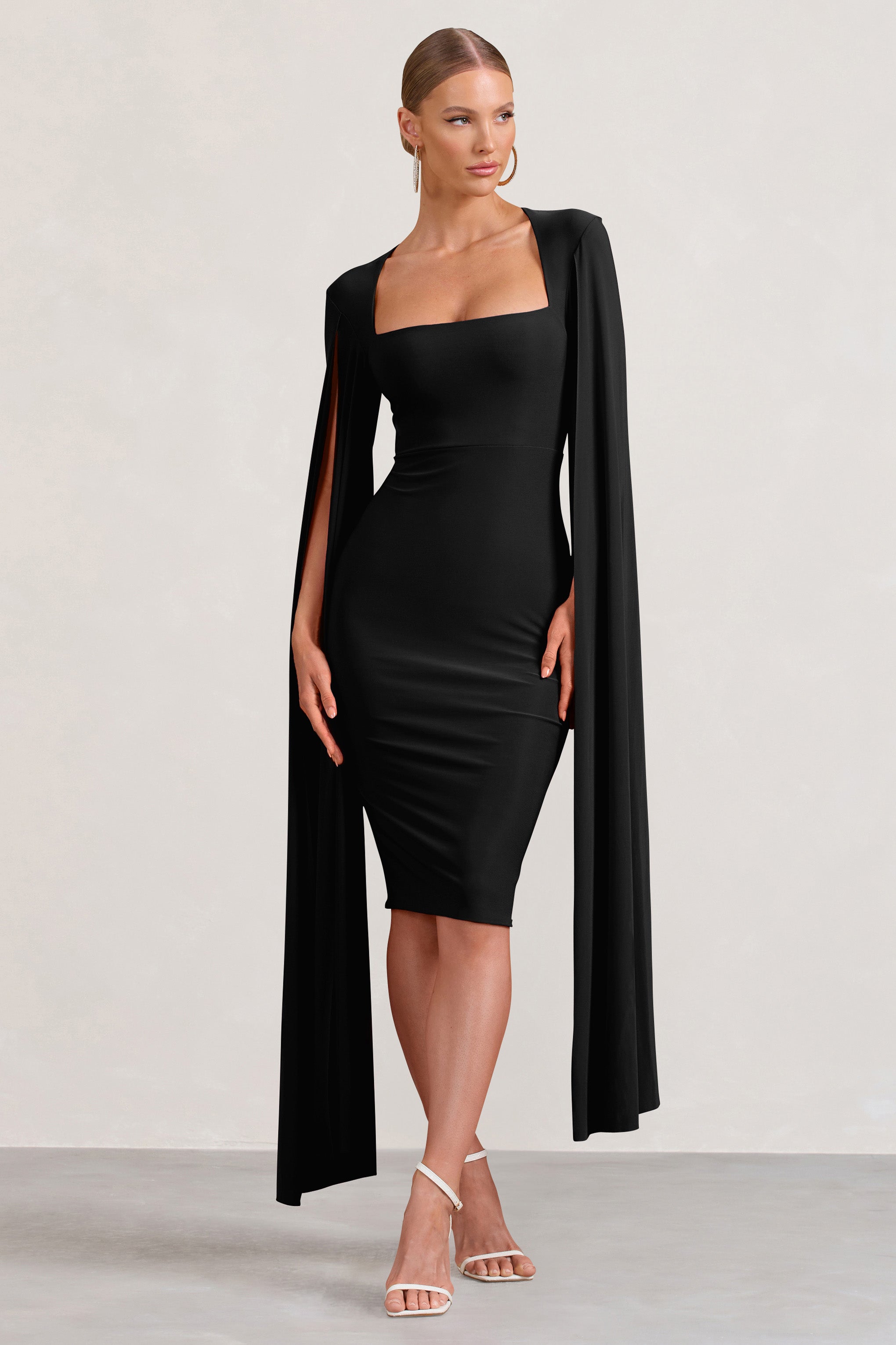 Flawless Black Square Neck Midi Dress With Cape Sleeves-Fashionmomo.All Rights Reserved