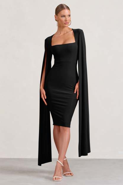 Flawless Black Square Neck Midi Dress With Cape Sleeves-Fashionmomo.All Rights Reserved