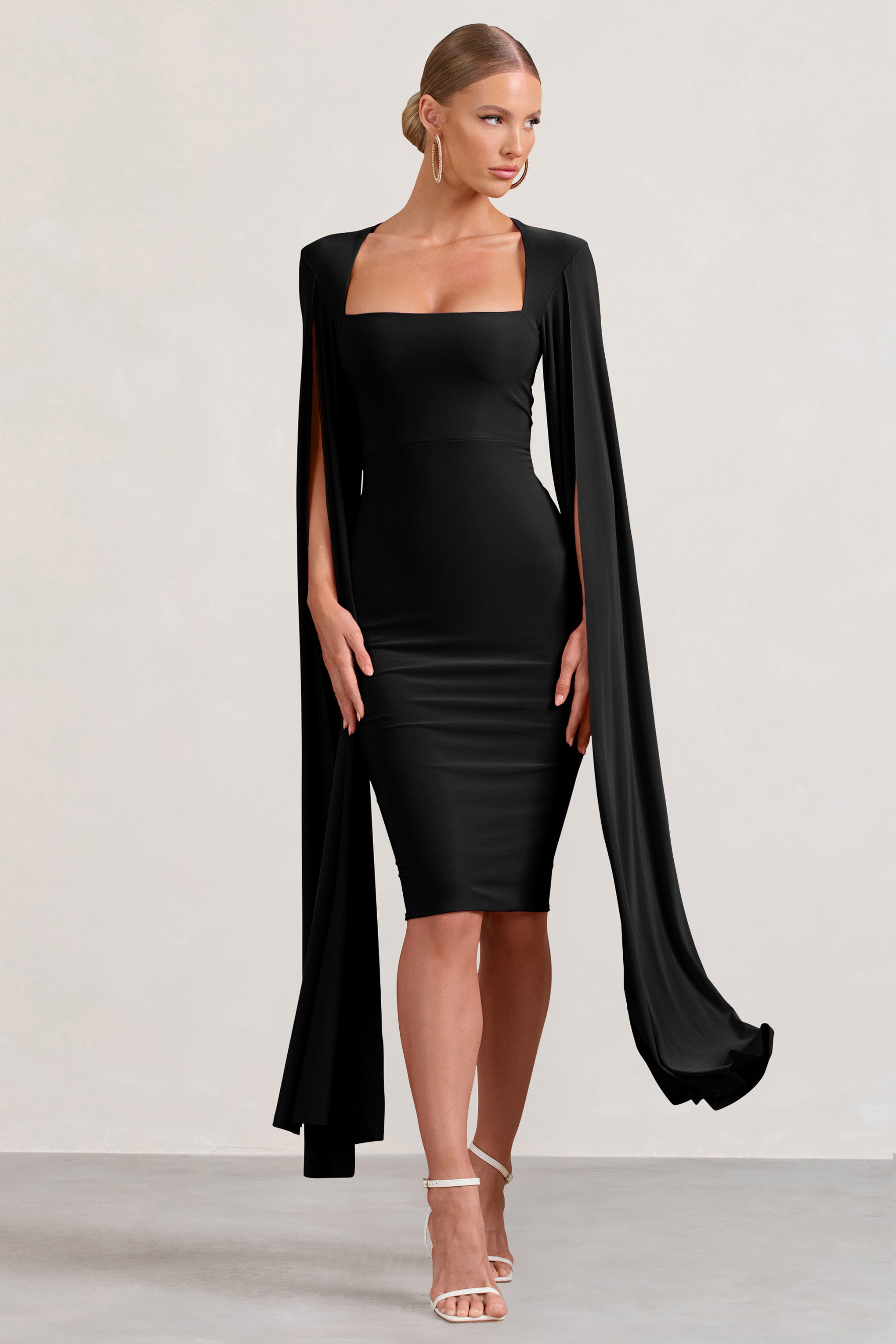 Flawless Black Square Neck Midi Dress With Cape Sleeves-Fashionmomo.All Rights Reserved