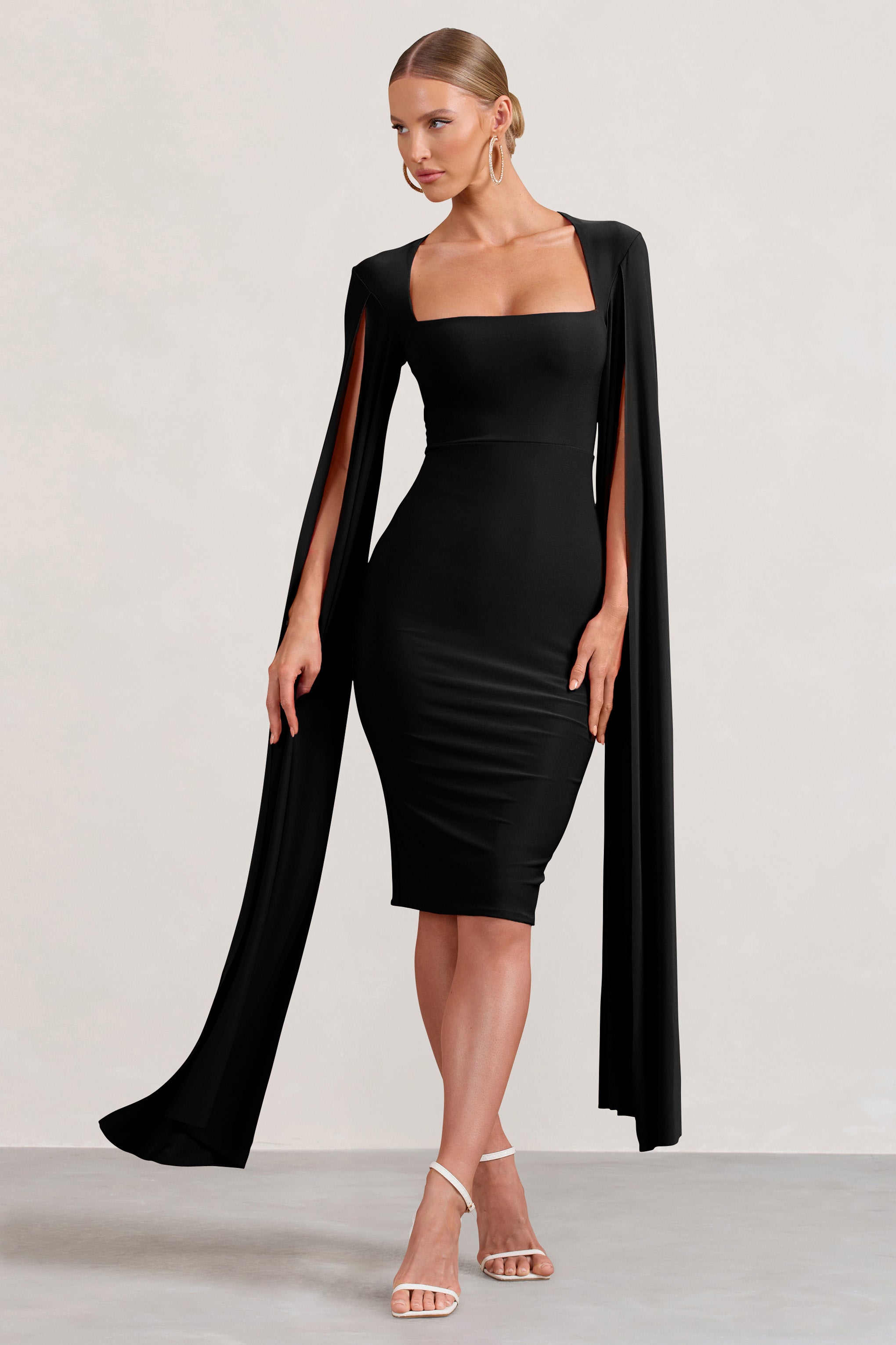 Flawless Black Square Neck Midi Dress With Cape Sleeves-Fashionmomo.All Rights Reserved