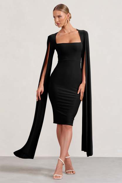 Flawless Black Square Neck Midi Dress With Cape Sleeves-Fashionmomo.All Rights Reserved
