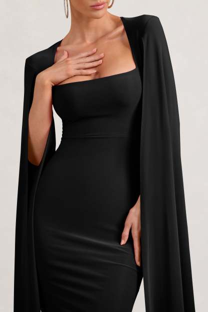 Flawless Black Square Neck Midi Dress With Cape Sleeves-Fashionmomo.All Rights Reserved