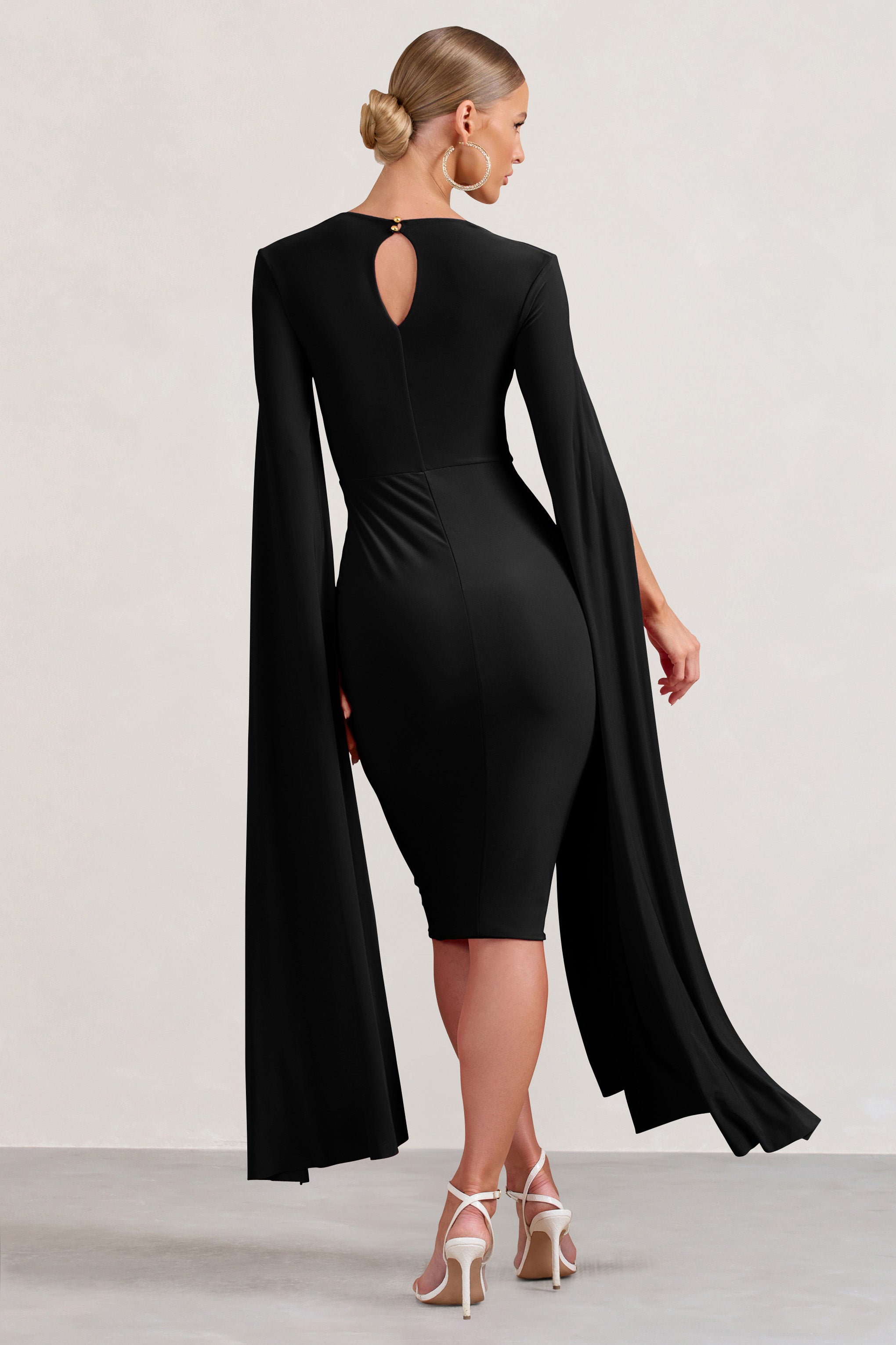 Flawless Black Square Neck Midi Dress With Cape Sleeves-Fashionmomo.All Rights Reserved