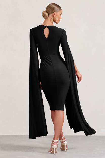 Flawless Black Square Neck Midi Dress With Cape Sleeves-Fashionmomo.All Rights Reserved