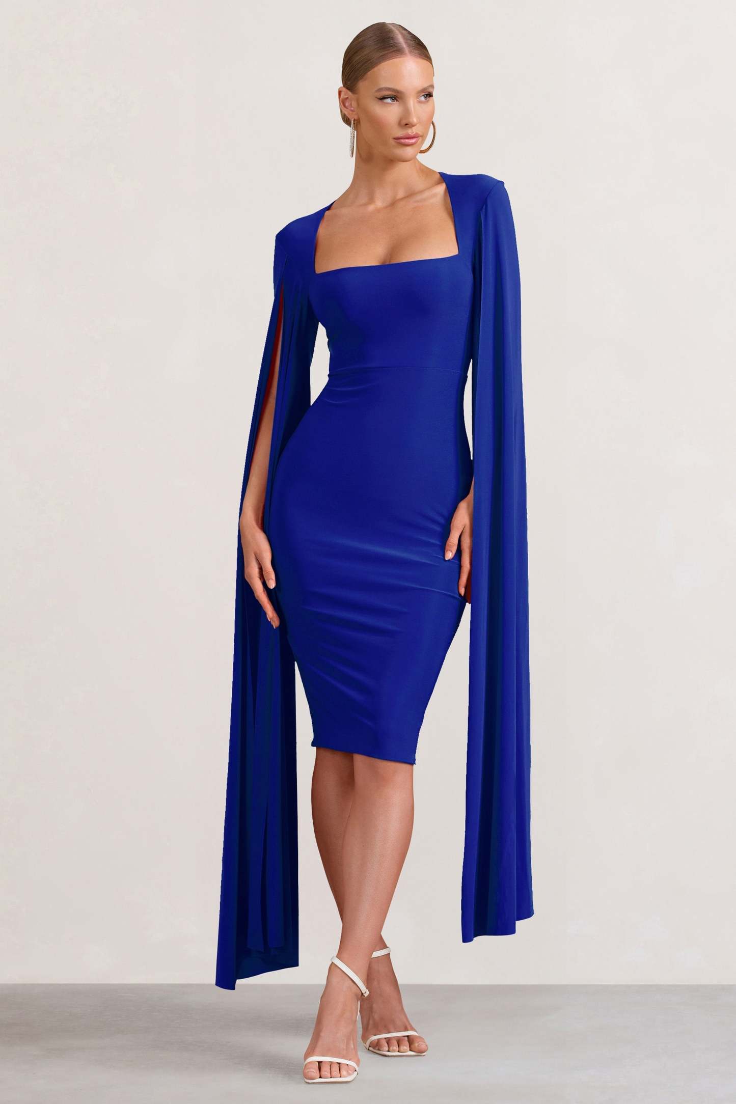 Flawless Cobalt Blue Square Neck Midi Dress With Cape Sleeves-Fashionmomo.All Rights Reserved