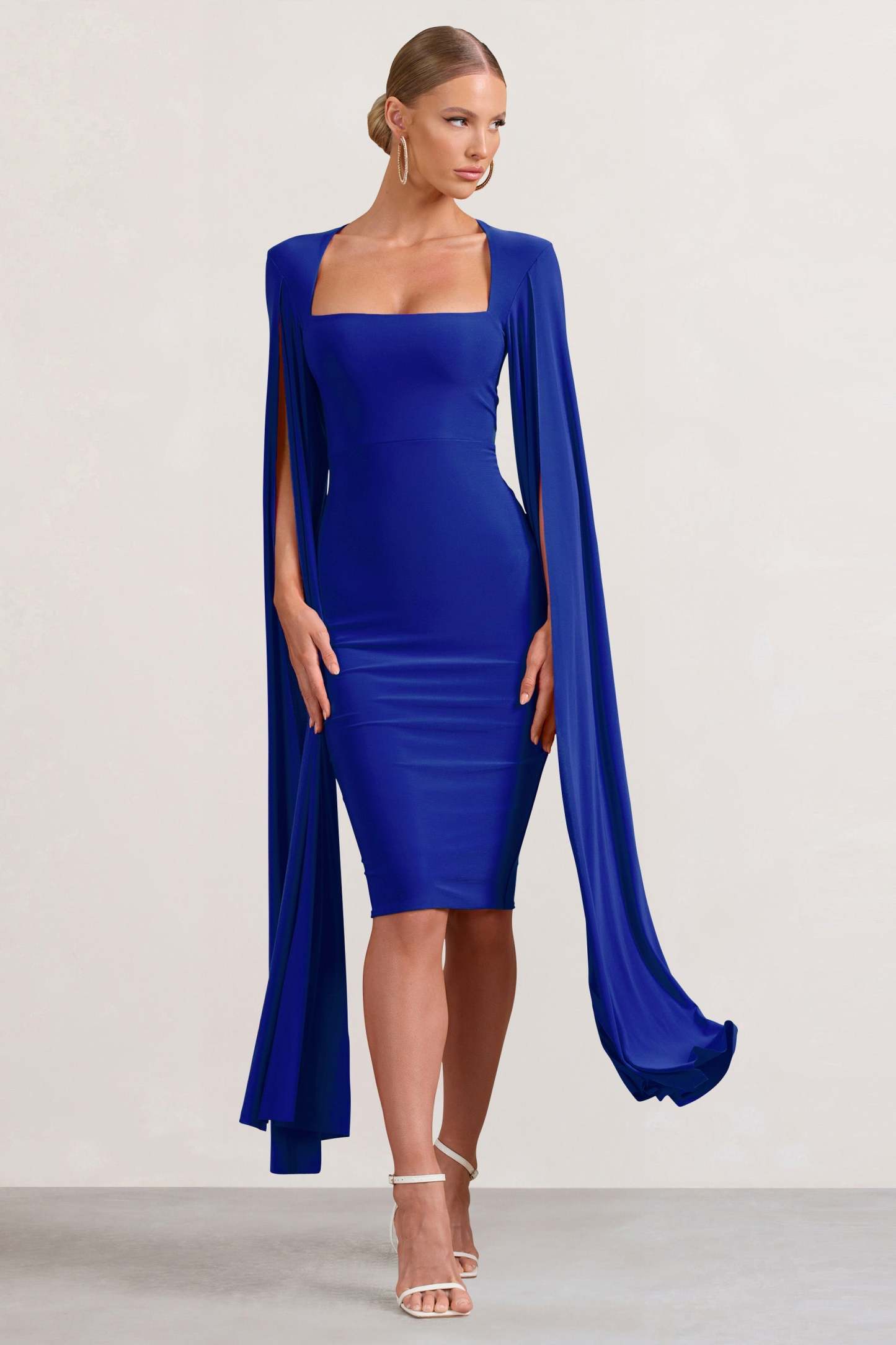 Flawless Cobalt Blue Square Neck Midi Dress With Cape Sleeves-Fashionmomo.All Rights Reserved
