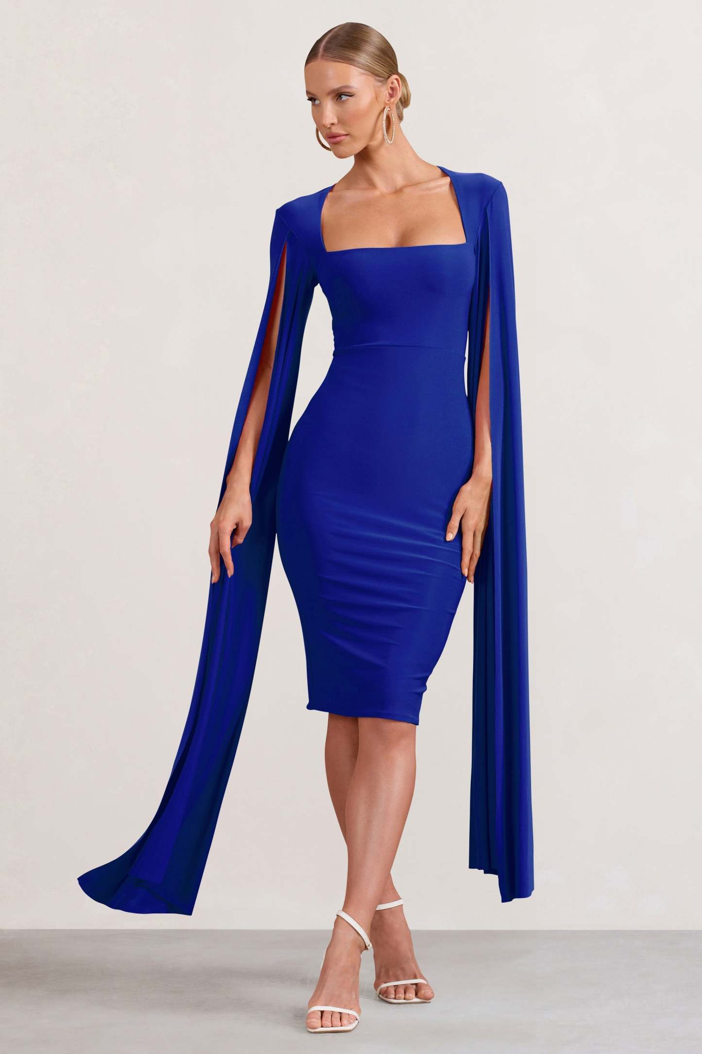Flawless Cobalt Blue Square Neck Midi Dress With Cape Sleeves-Fashionmomo.All Rights Reserved