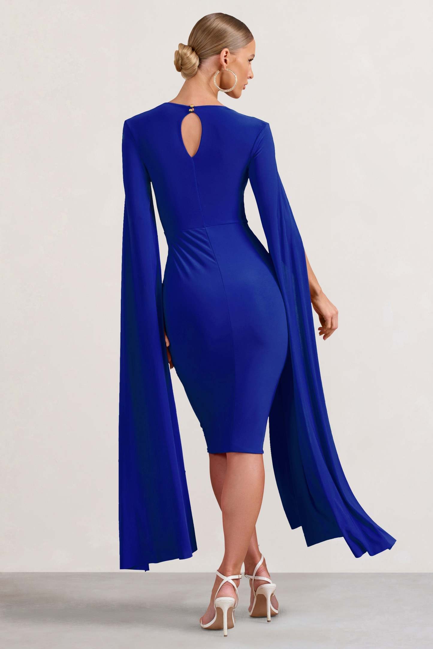 Flawless Cobalt Blue Square Neck Midi Dress With Cape Sleeves-Fashionmomo.All Rights Reserved