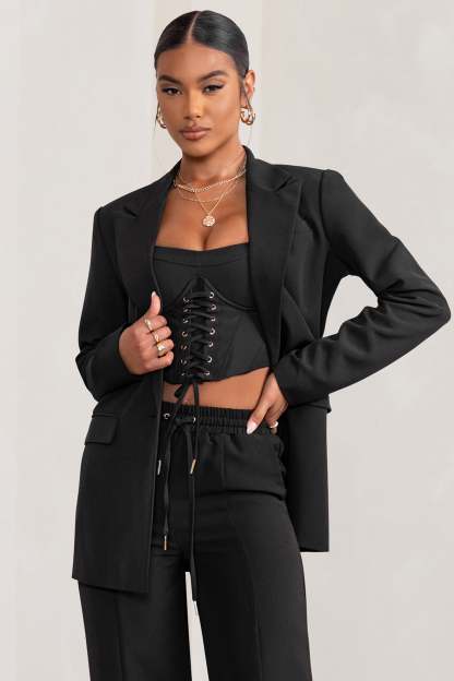 Barbie Girl Black Single Breasted Oversized Blazer-Fashionmomo.All Rights Reserved