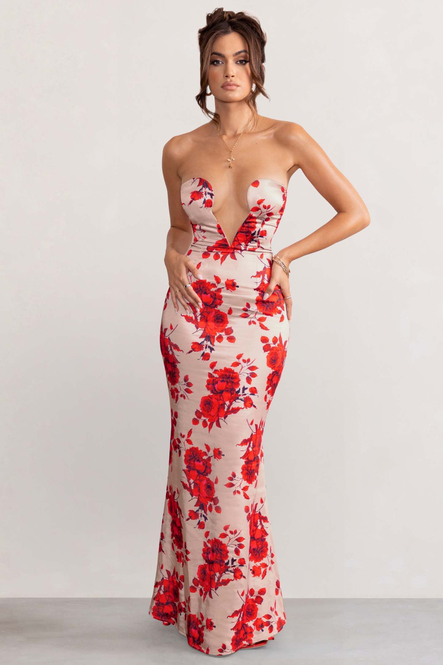 Esme Champagne Floral Print Satin Fishtail Maxi Dress-Fashionmomo.All Rights Reserved
