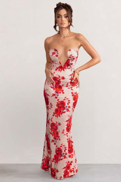 Esme Champagne Floral Print Satin Fishtail Maxi Dress-Fashionmomo.All Rights Reserved