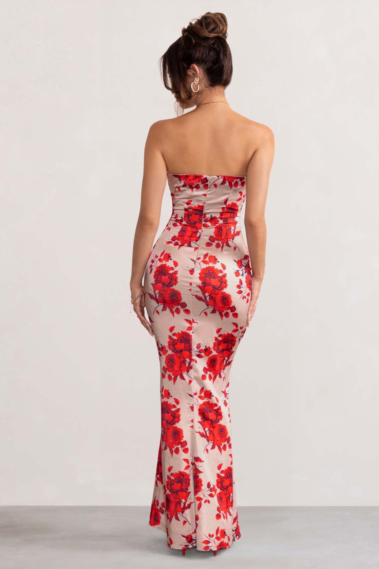Esme Champagne Floral Print Satin Fishtail Maxi Dress-Fashionmomo.All Rights Reserved