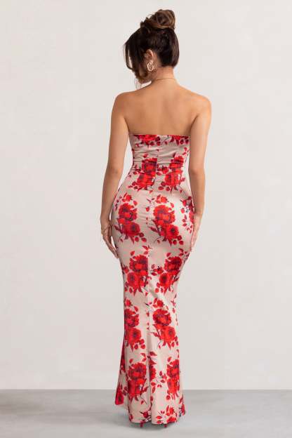 Esme Champagne Floral Print Satin Fishtail Maxi Dress-Fashionmomo.All Rights Reserved