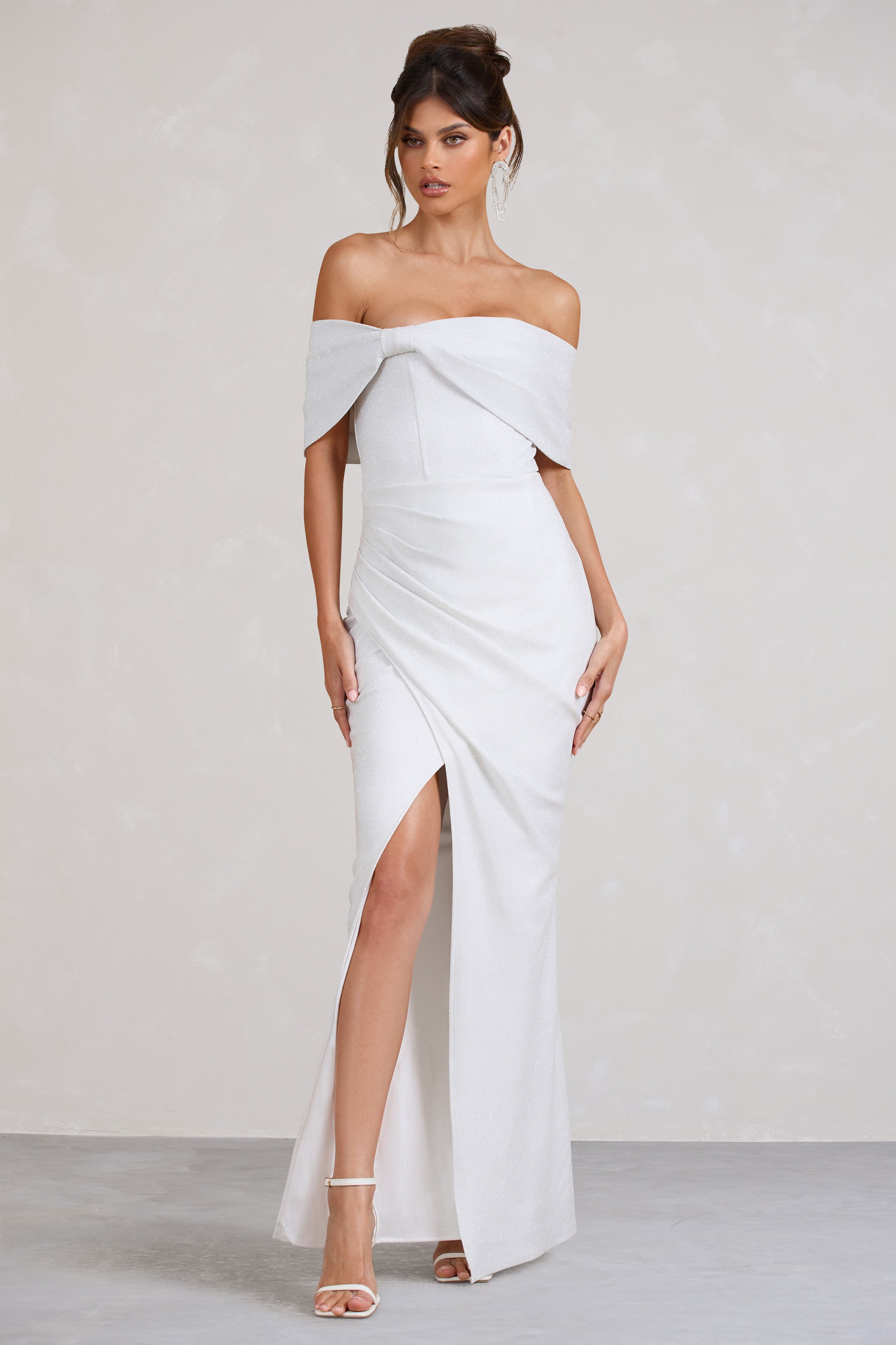 Eva White Glitter Bardot Wrap Maxi Dress-Fashionmomo.All Rights Reserved