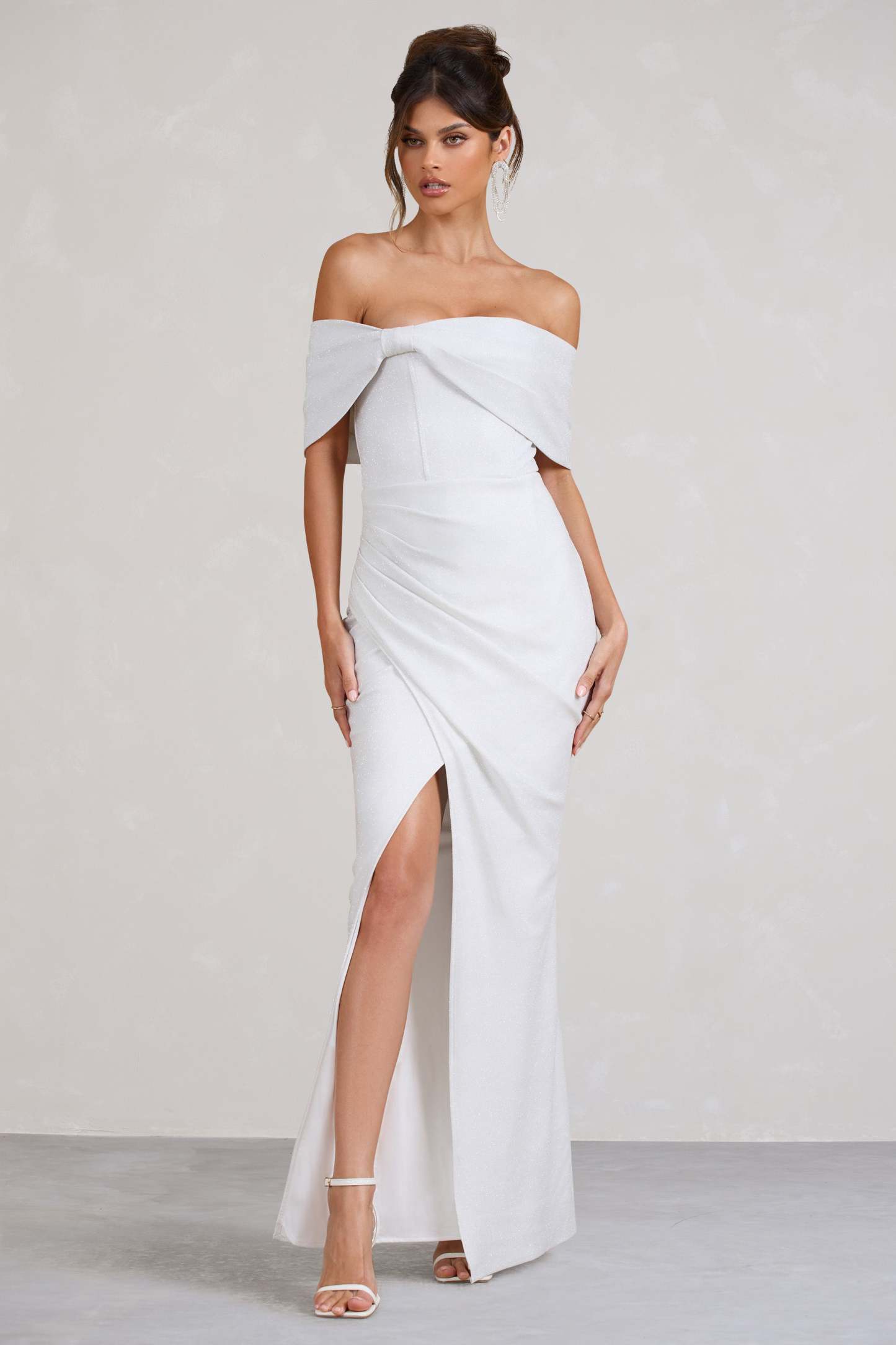 Eva White Glitter Bardot Wrap Maxi Dress-Fashionmomo.All Rights Reserved