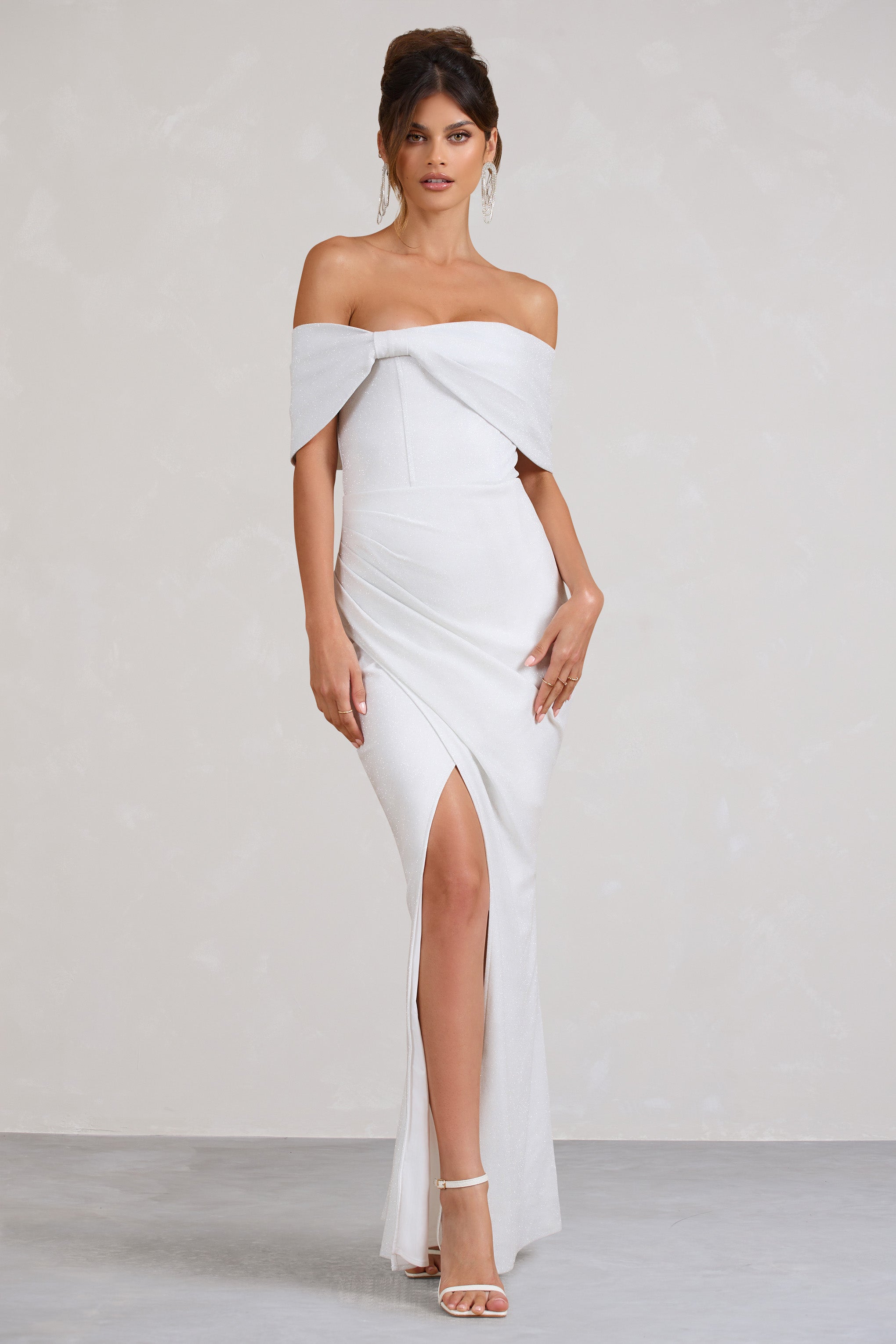 Eva White Glitter Bardot Wrap Maxi Dress-Fashionmomo.All Rights Reserved