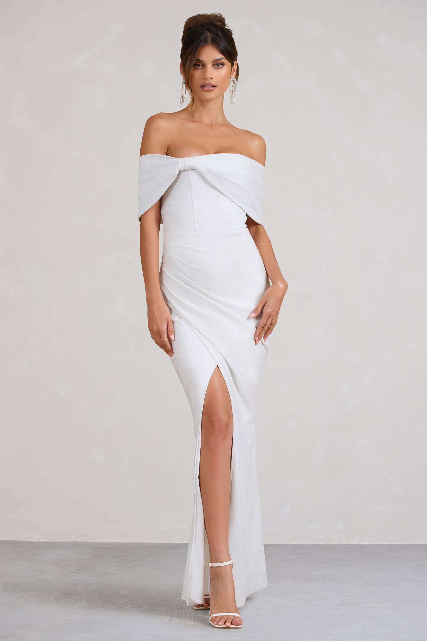 Eva White Glitter Bardot Wrap Maxi Dress-Fashionmomo.All Rights Reserved