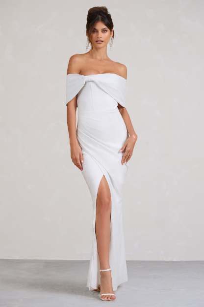 Eva White Glitter Bardot Wrap Maxi Dress-Fashionmomo.All Rights Reserved