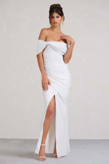 Eva White Glitter Bardot Wrap Maxi Dress-Fashionmomo.All Rights Reserved